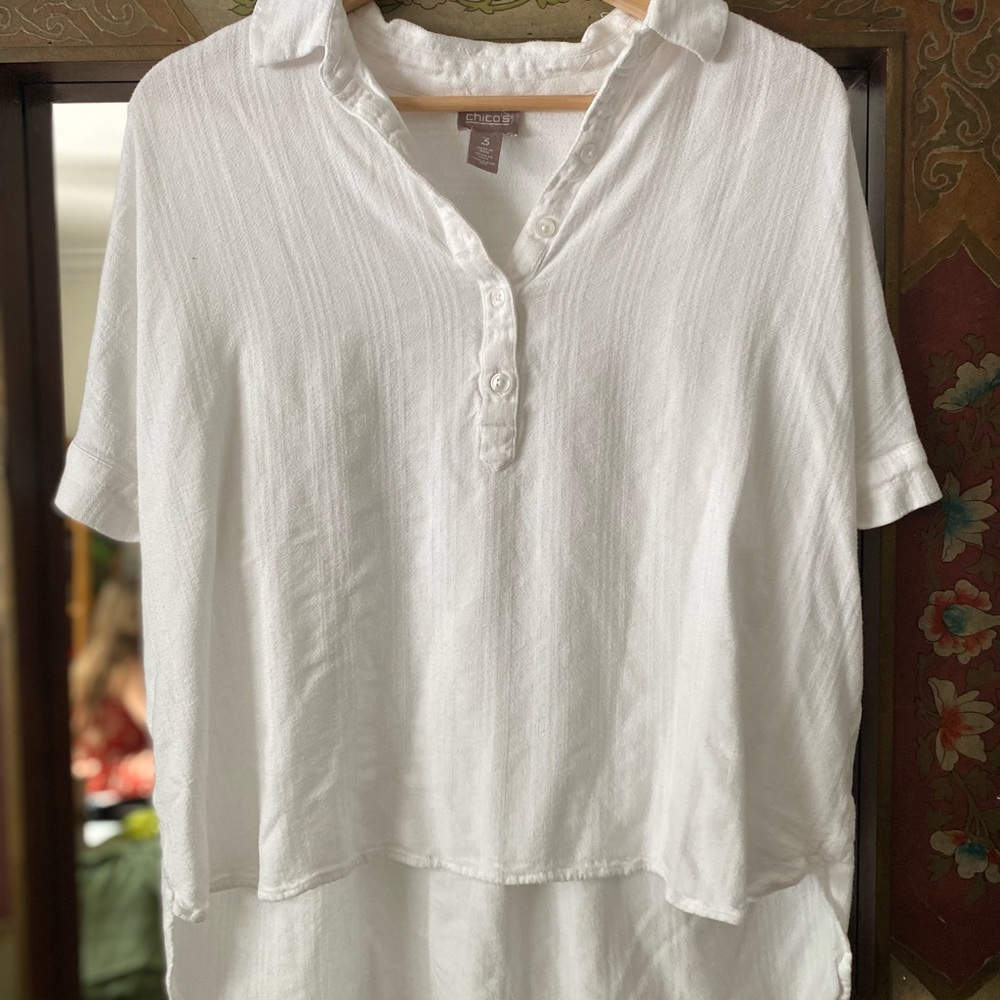 CHICO’S - White linen blend blouse - button up collar - size 3 #linenblouse